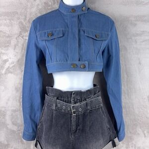 AYA MUSE Pilla Cropped Denim Jacket Womens Size XS‎ Blue Mock Neck Trucker